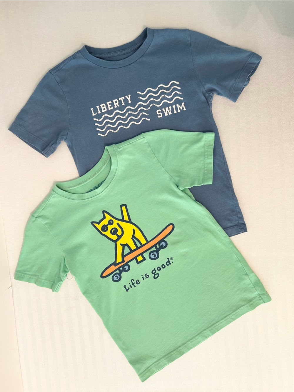 Pair of Boys Short Sleeve Tees with Life is Good Dog on Skateboard and Swim Tee